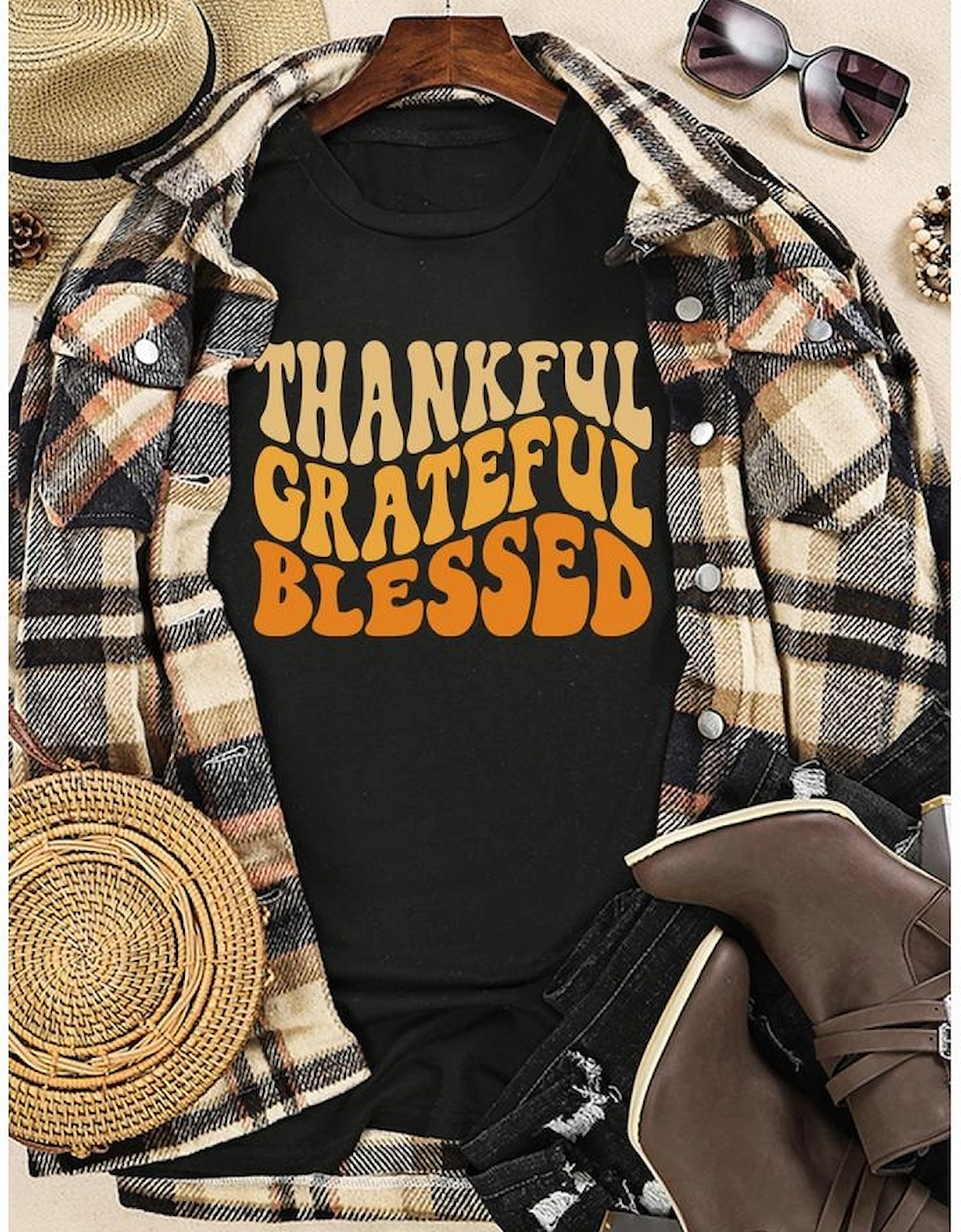 Black THANKFUL GRATEFUL BLESSED Crew Neck Graphic Tee