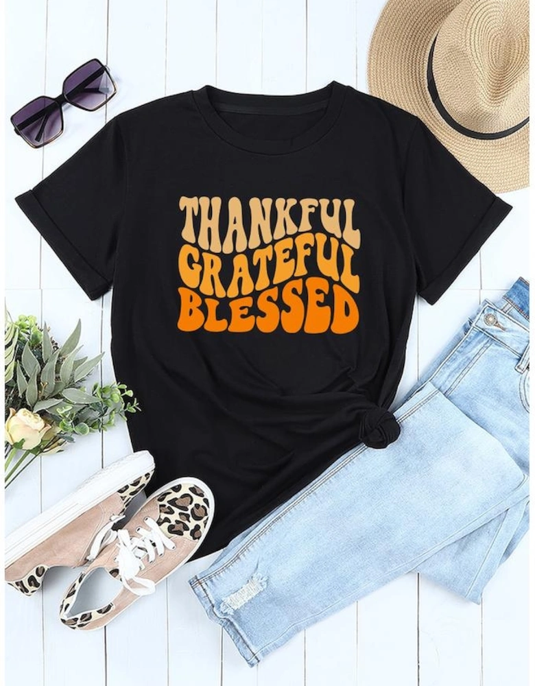 Black THANKFUL GRATEFUL BLESSED Crew Neck Graphic Tee