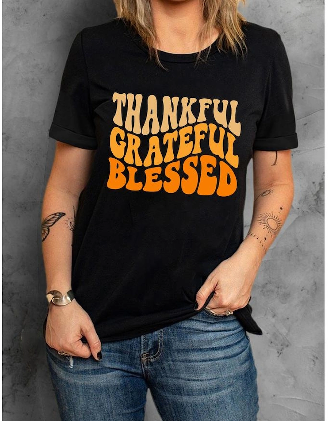 Black THANKFUL GRATEFUL BLESSED Crew Neck Graphic Tee