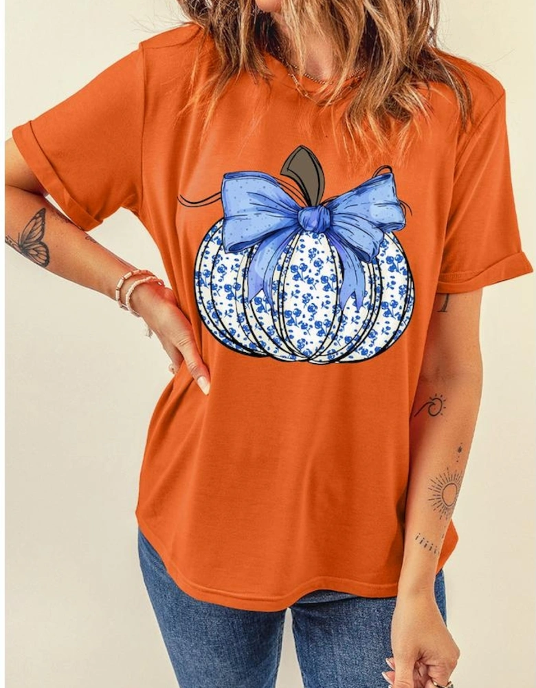 Orange Floral Pumpkin Bow Print Thanksgiving T Shirt