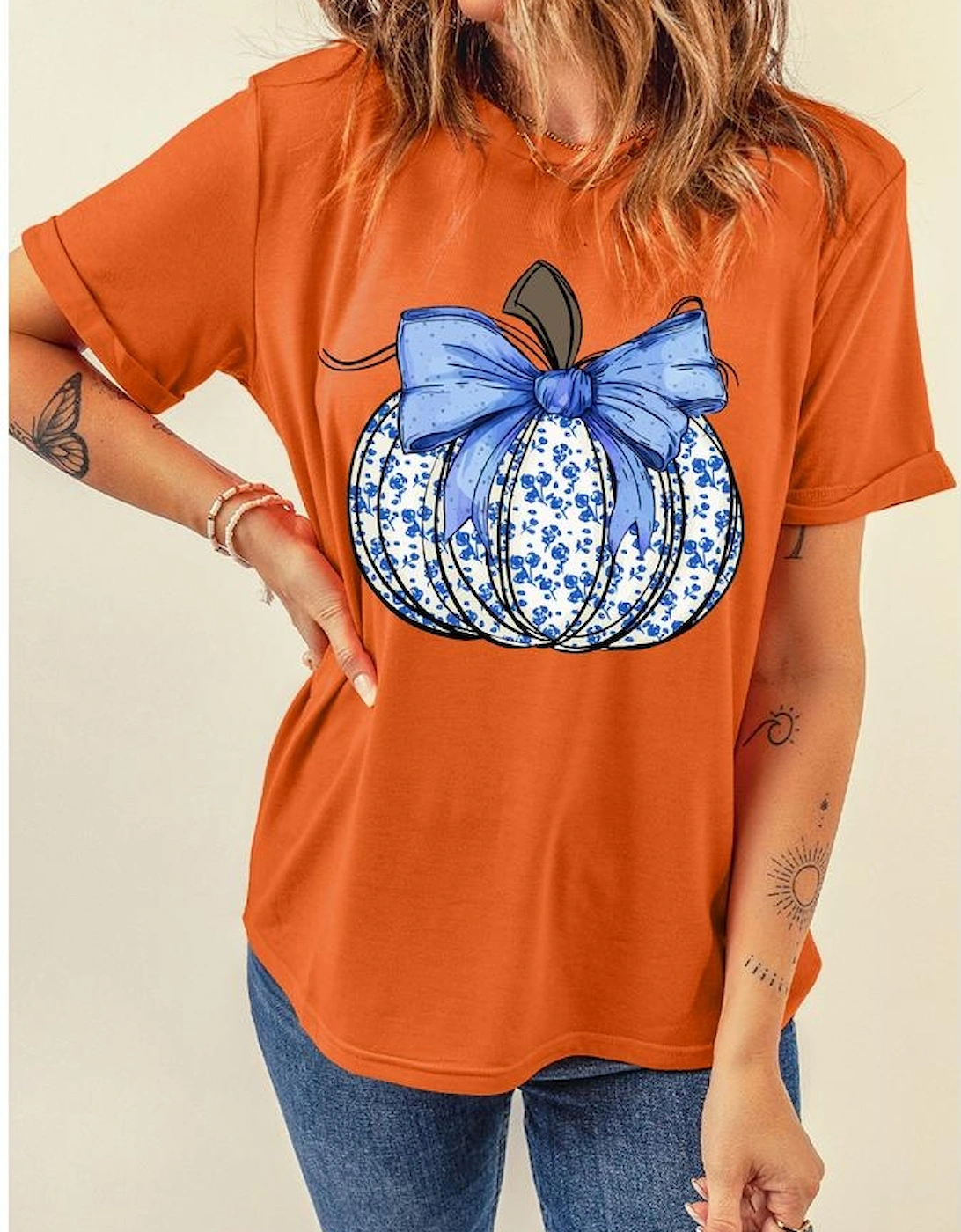 Orange Floral Pumpkin Bow Print Thanksgiving T Shirt