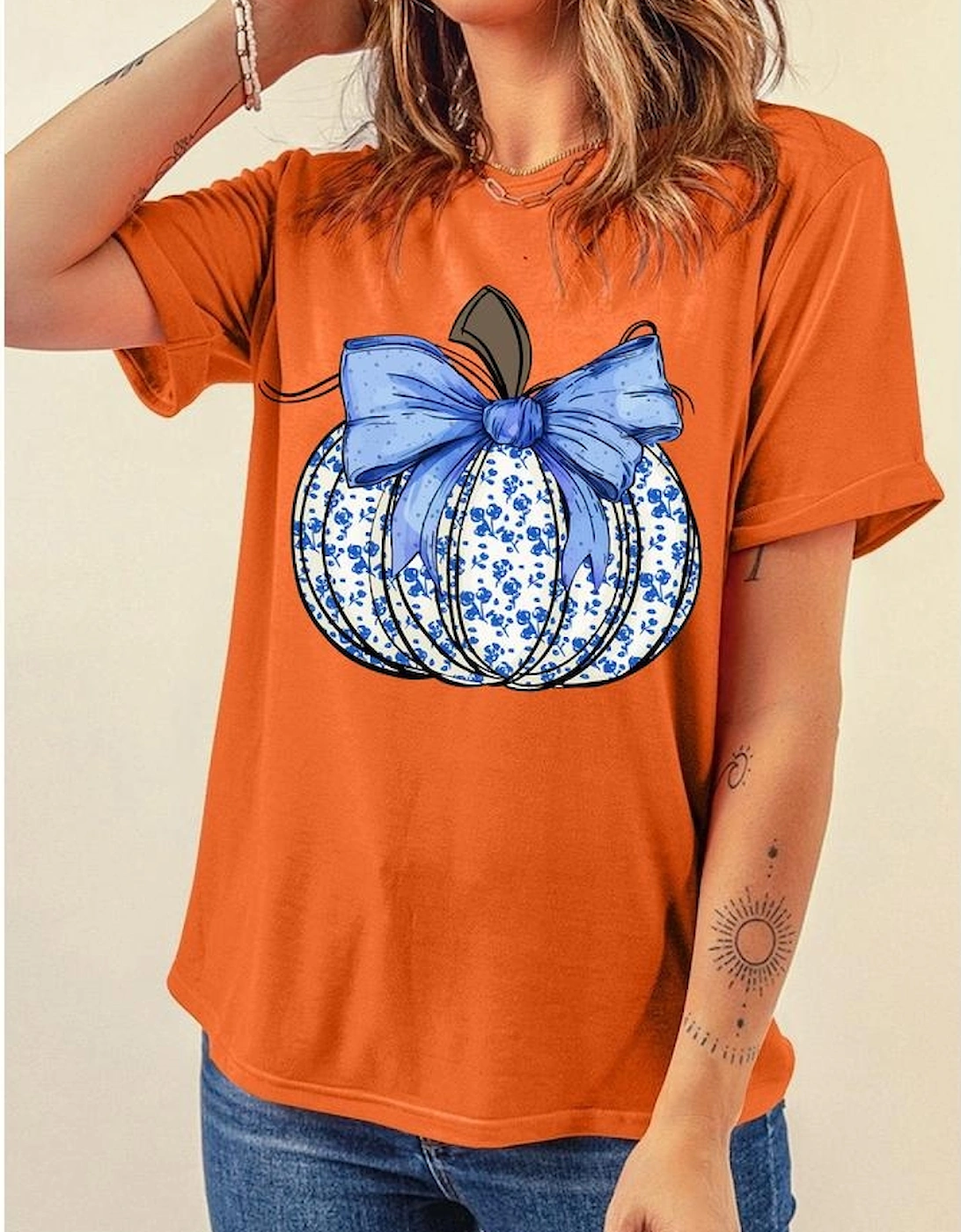 Orange Floral Pumpkin Bow Print Thanksgiving T Shirt