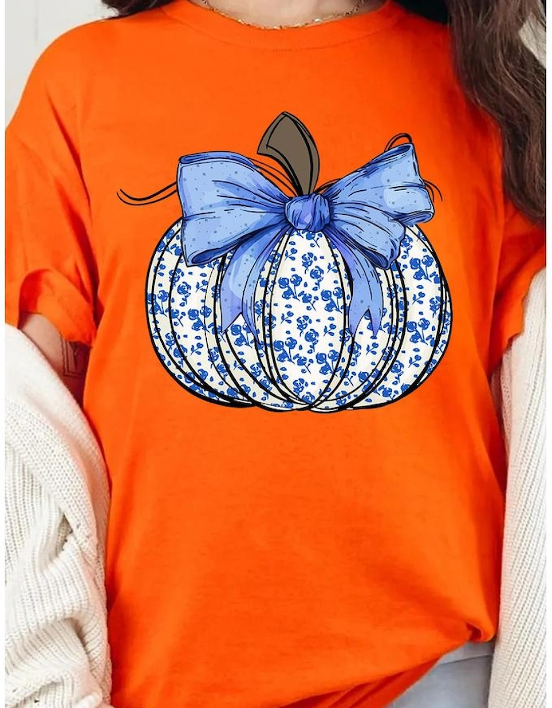 Orange Floral Pumpkin Bow Print Thanksgiving T Shirt