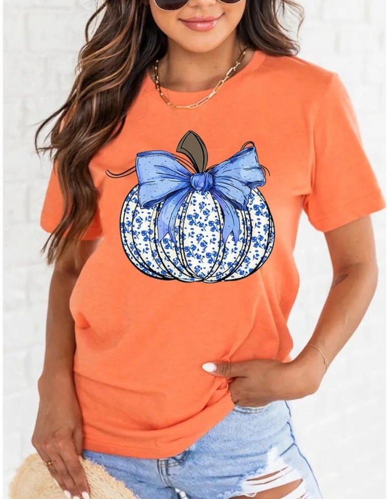 Orange Floral Pumpkin Bow Print Thanksgiving T Shirt
