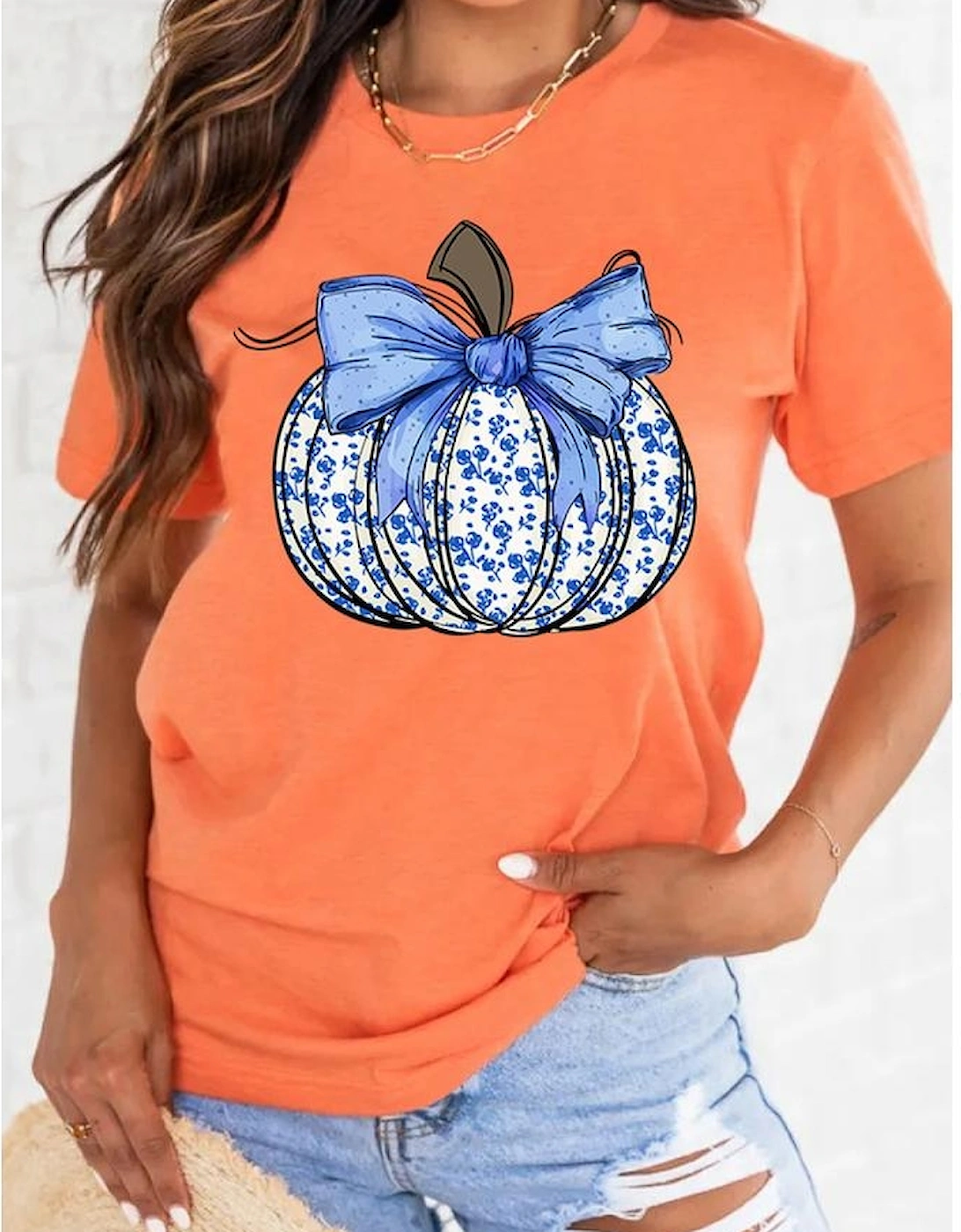 Orange Floral Pumpkin Bow Print Thanksgiving T Shirt