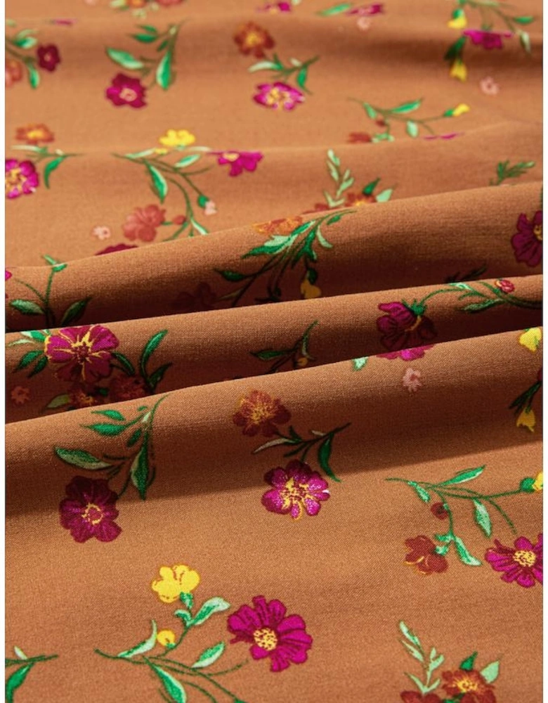 Brown Plus Size Floral Split V Neck Ruffled Sleeve Tiered Maxi Dress