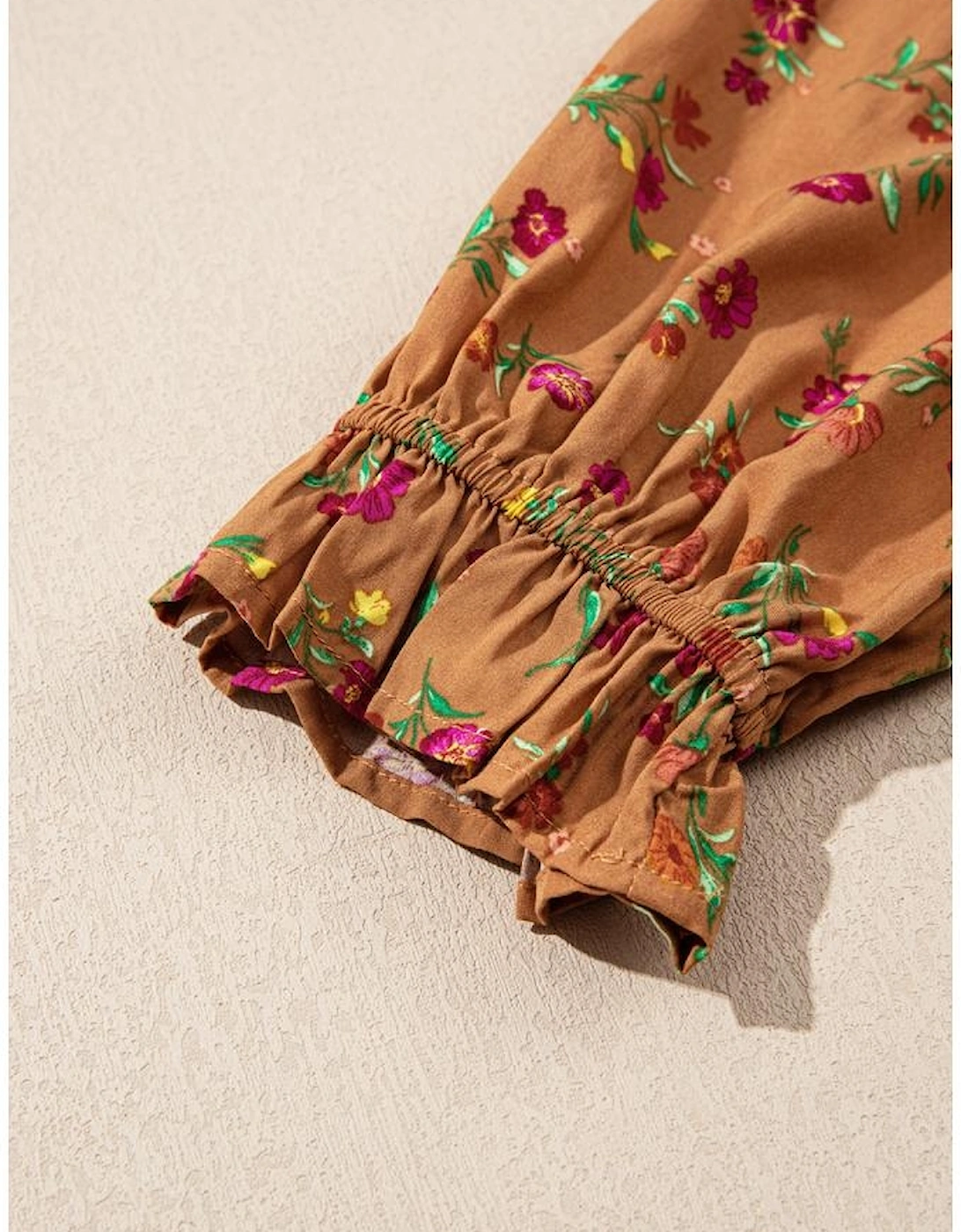 Brown Plus Size Floral Split V Neck Ruffled Sleeve Tiered Maxi Dress