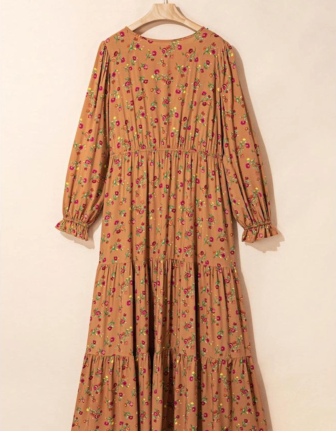 Brown Plus Size Floral Split V Neck Ruffled Sleeve Tiered Maxi Dress