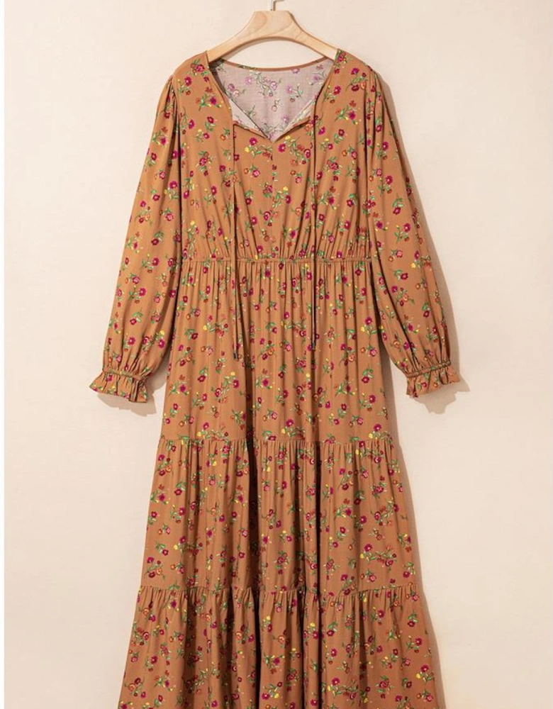 Brown Plus Size Floral Split V Neck Ruffled Sleeve Tiered Maxi Dress
