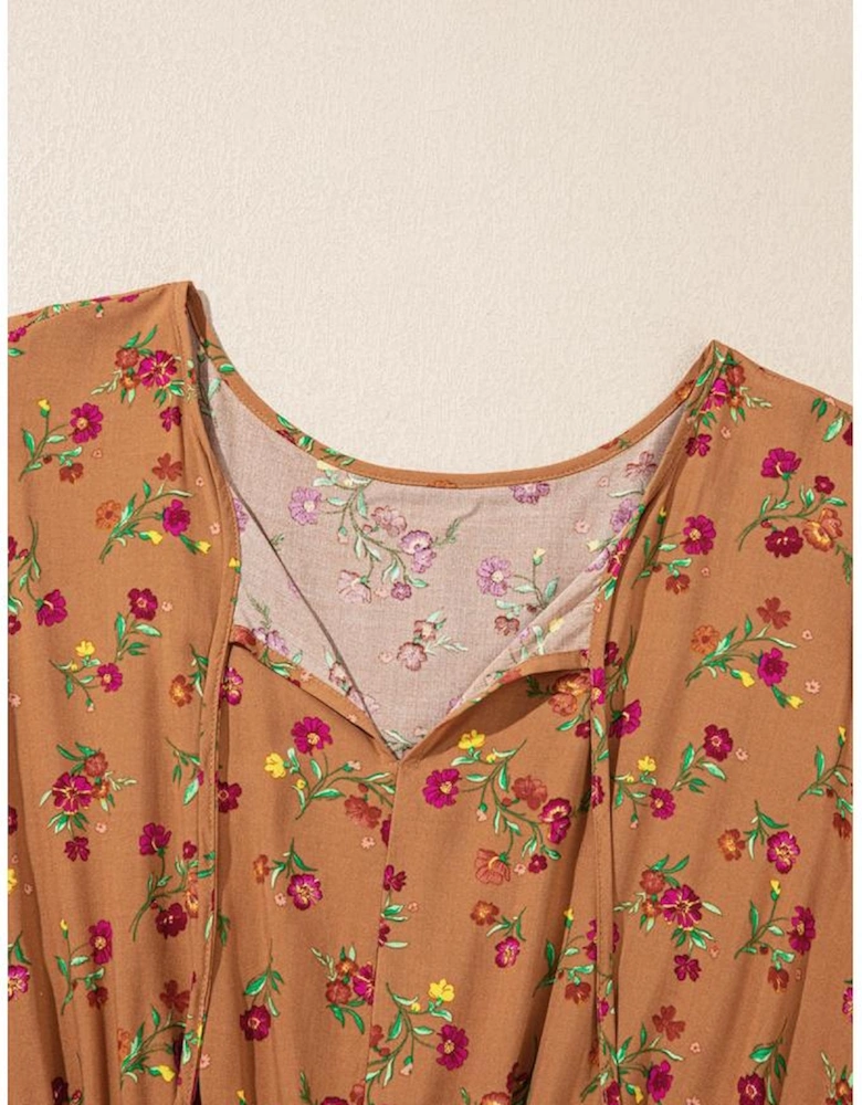 Brown Plus Size Floral Split V Neck Ruffled Sleeve Tiered Maxi Dress