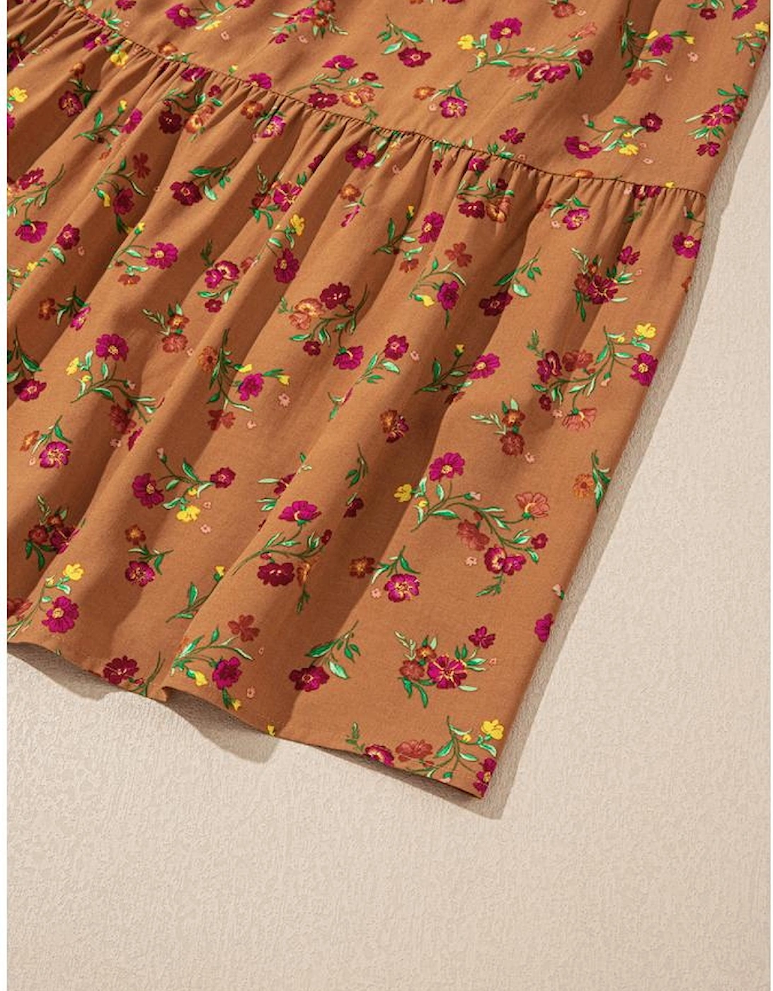 Brown Plus Size Floral Split V Neck Ruffled Sleeve Tiered Maxi Dress