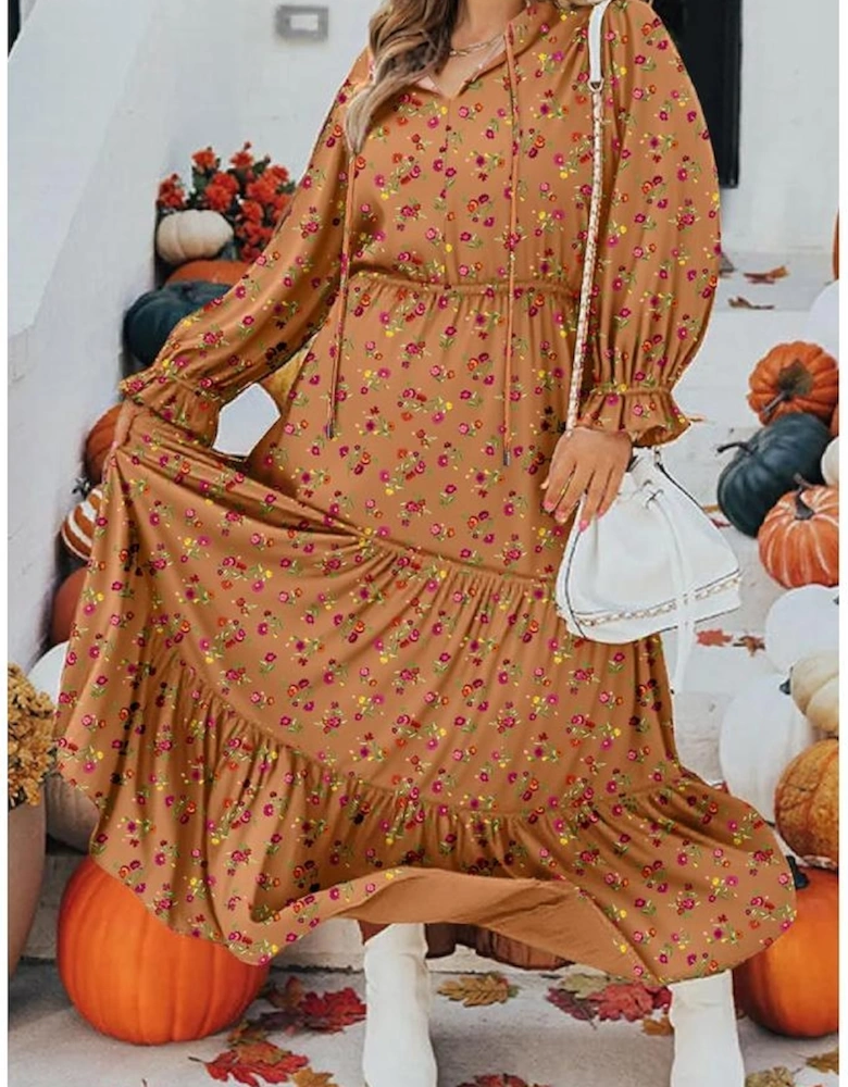 Brown Plus Size Floral Split V Neck Ruffled Sleeve Tiered Maxi Dress