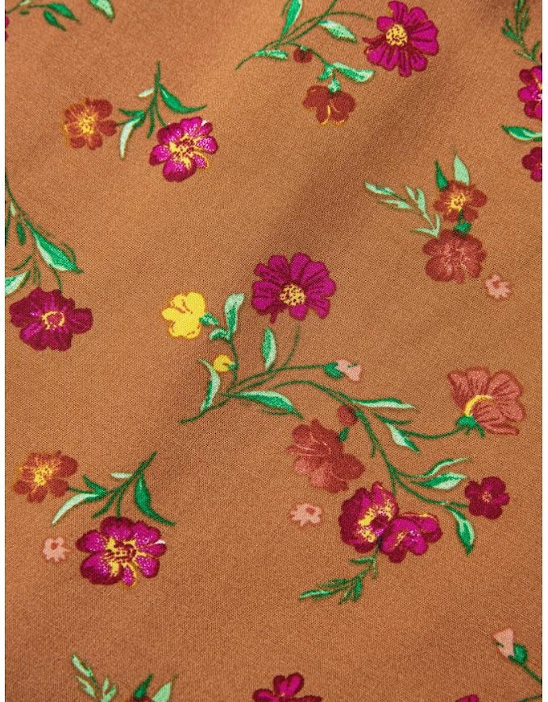 Brown Plus Size Floral Split V Neck Ruffled Sleeve Tiered Maxi Dress