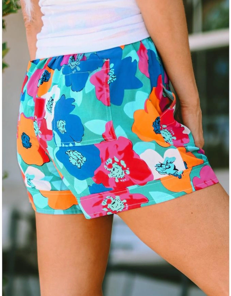 Multicolor Floral Print Drawstring Elastic Waist Casual Shorts