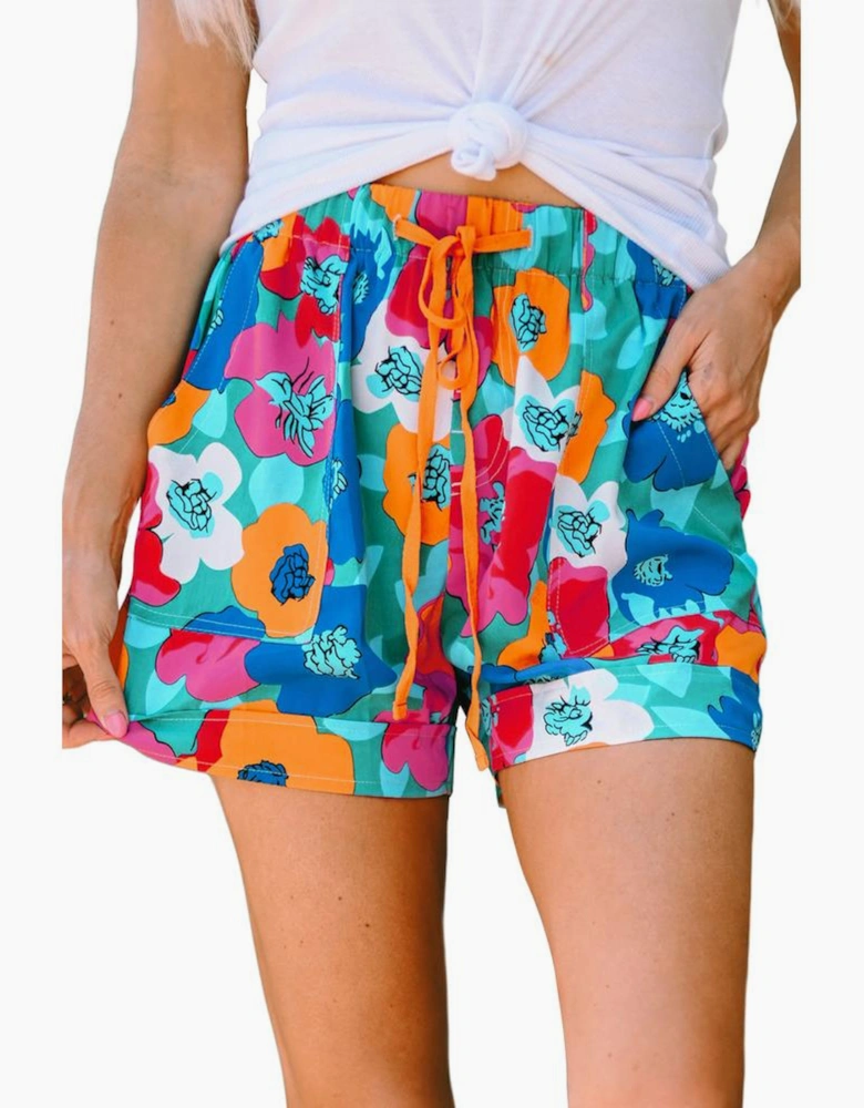 Multicolor Floral Print Drawstring Elastic Waist Casual Shorts