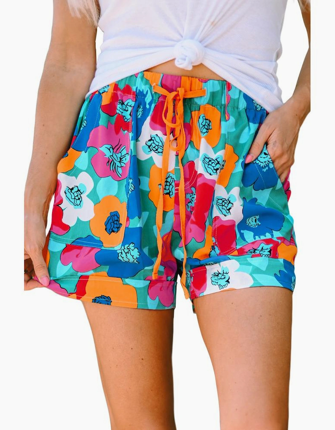 Multicolor Floral Print Drawstring Elastic Waist Casual Shorts