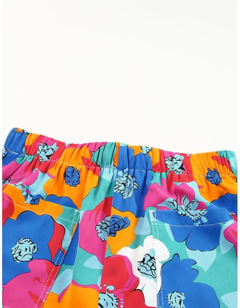 Multicolor Floral Print Drawstring Elastic Waist Casual Shorts