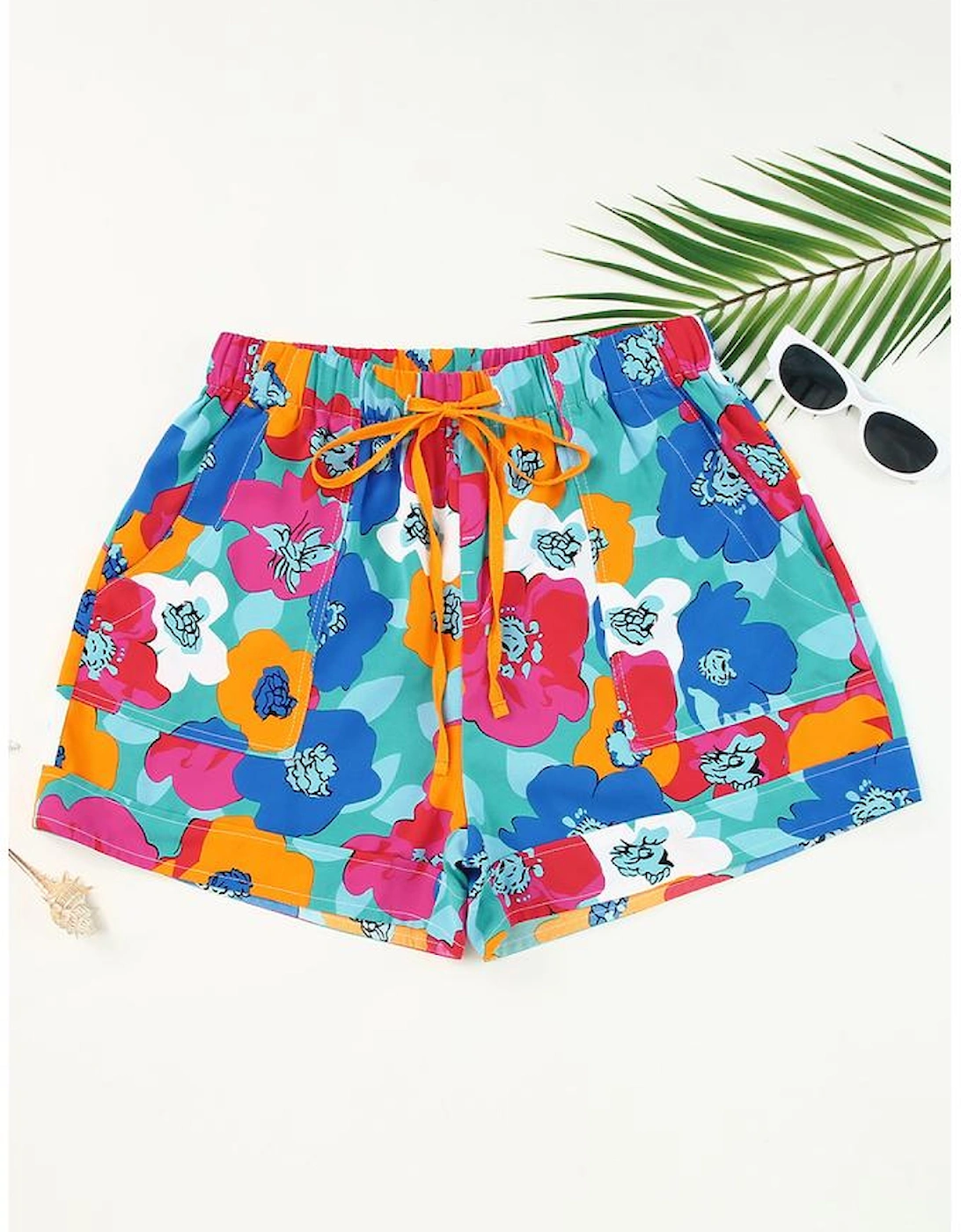 Multicolor Floral Print Drawstring Elastic Waist Casual Shorts