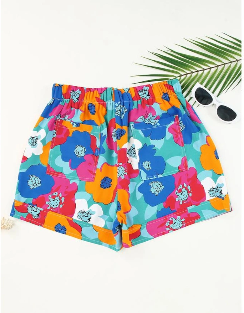 Multicolor Floral Print Drawstring Elastic Waist Casual Shorts