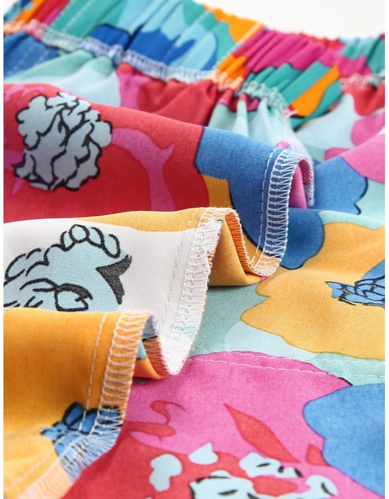 Multicolor Floral Print Drawstring Elastic Waist Casual Shorts