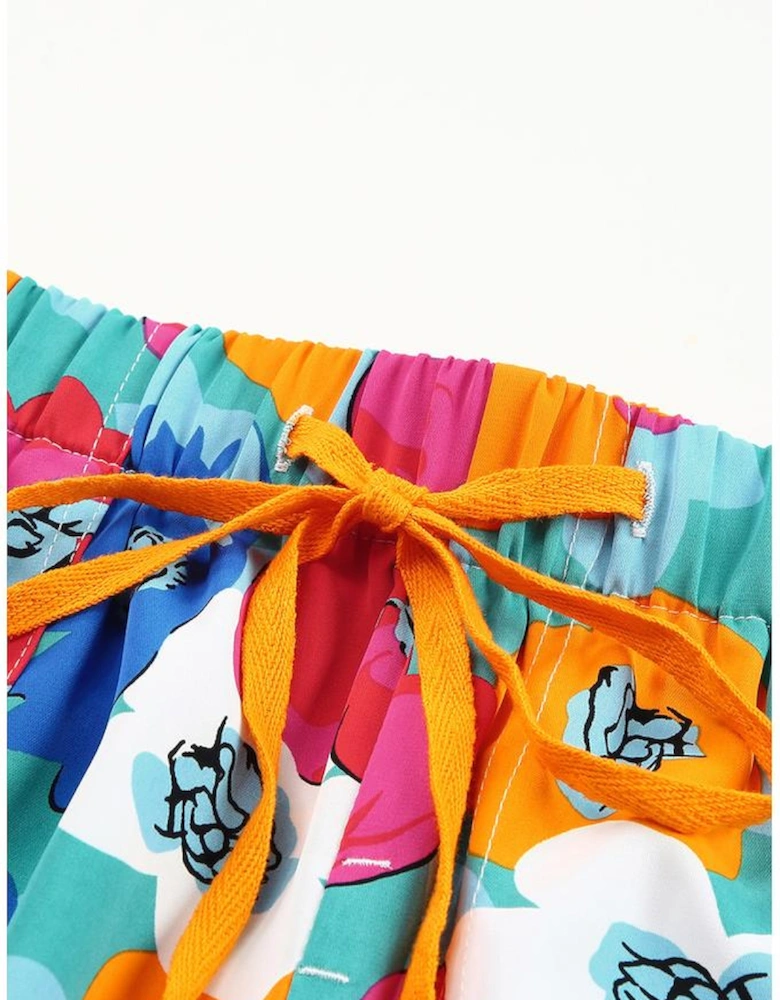 Multicolor Floral Print Drawstring Elastic Waist Casual Shorts