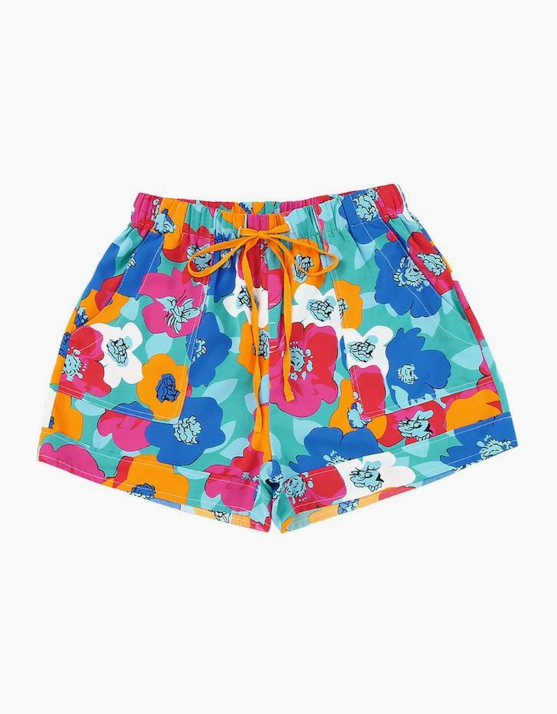 Multicolor Floral Print Drawstring Elastic Waist Casual Shorts