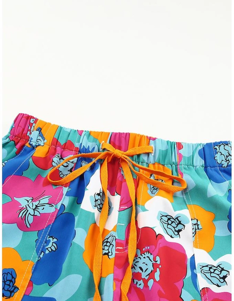 Multicolor Floral Print Drawstring Elastic Waist Casual Shorts