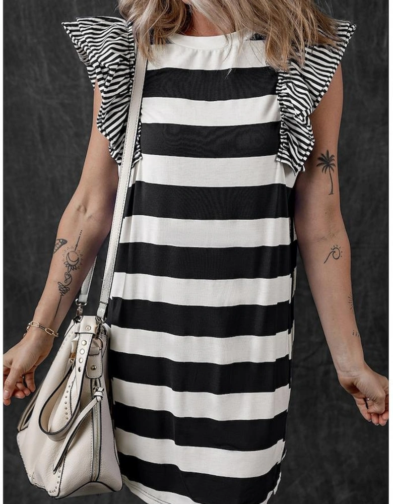 Black Stripe Contrast Ruffled Sleeve T-shirt Dress