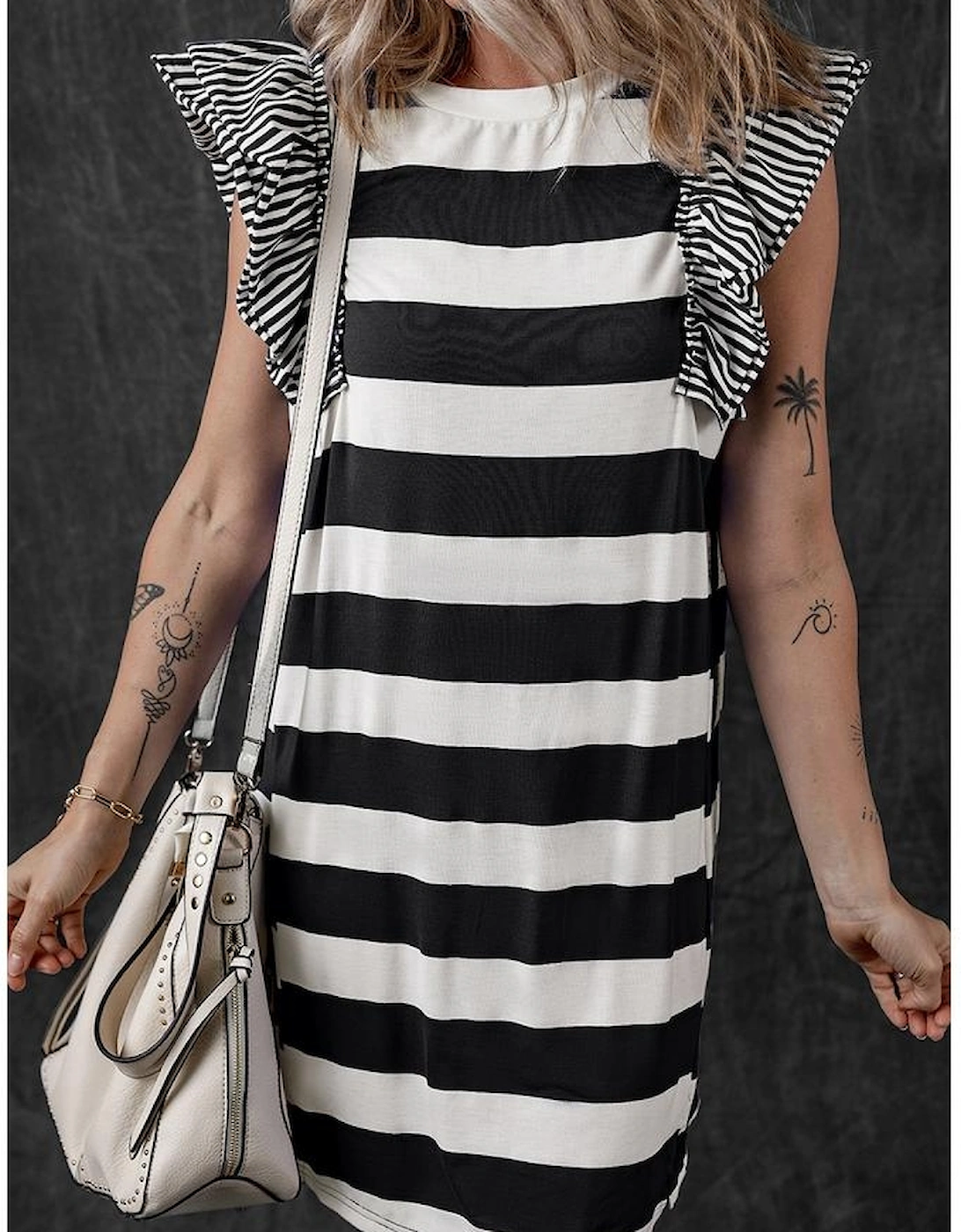 Black Stripe Contrast Ruffled Sleeve T-shirt Dress