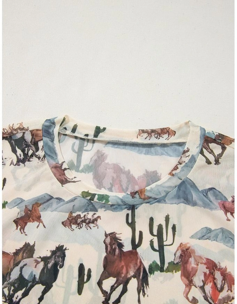 Beige Western Fashion Mustang River Printed Mesh T Shirt