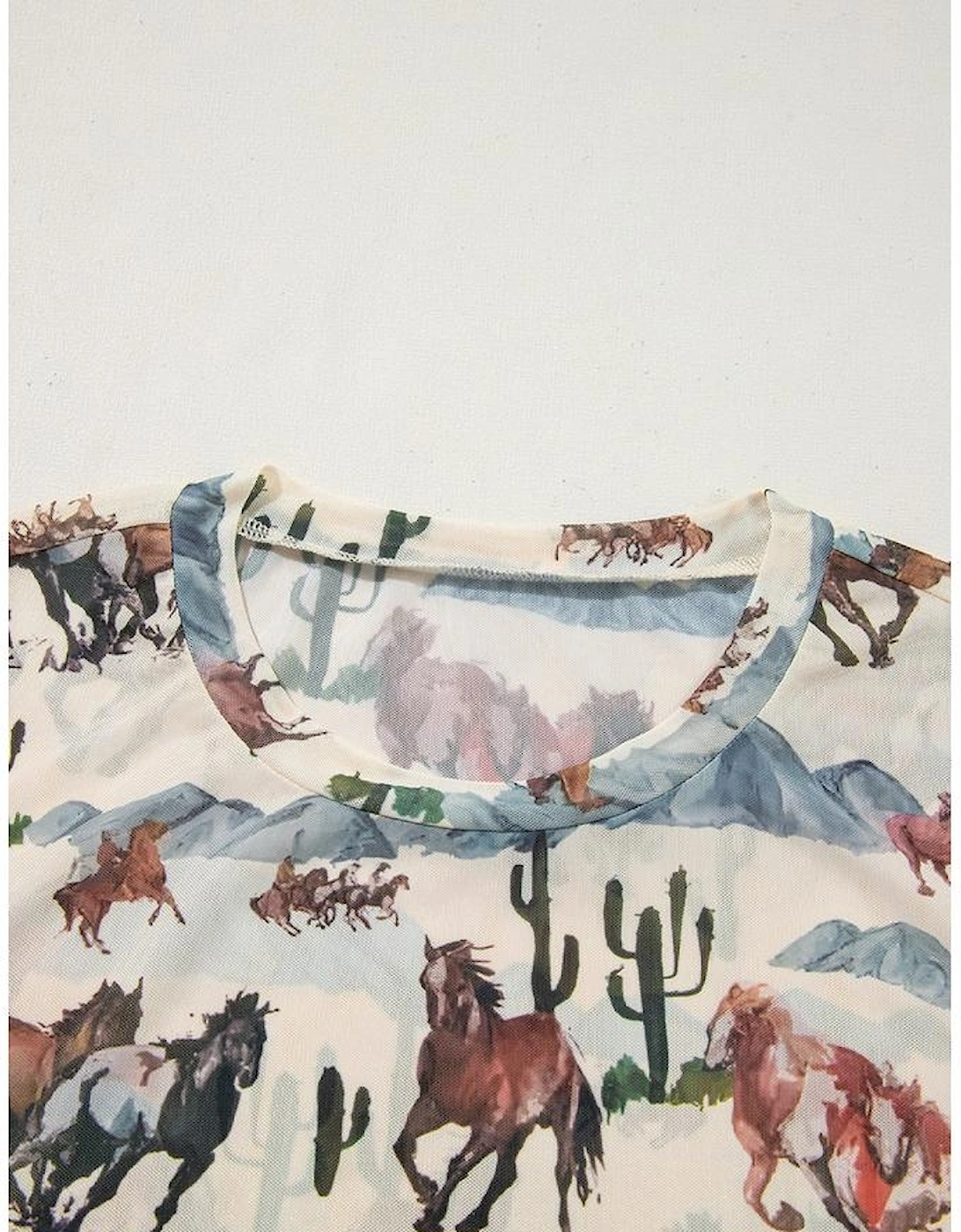 Beige Western Fashion Mustang River Printed Mesh T Shirt