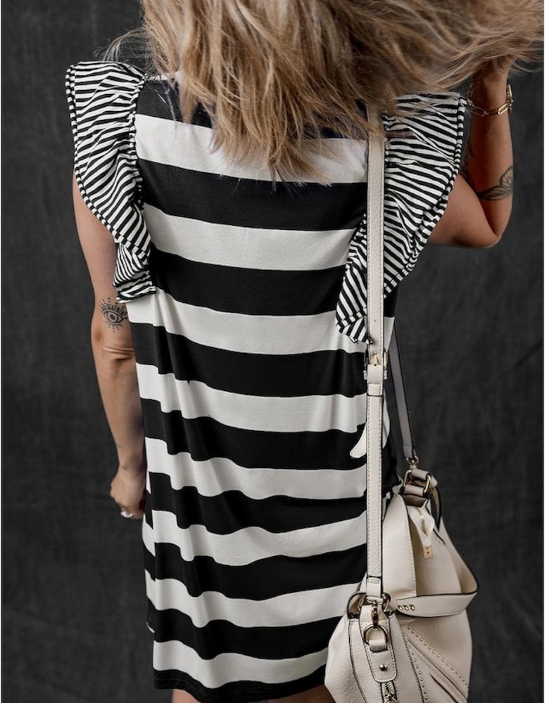Black Stripe Contrast Ruffled Sleeve T-shirt Dress