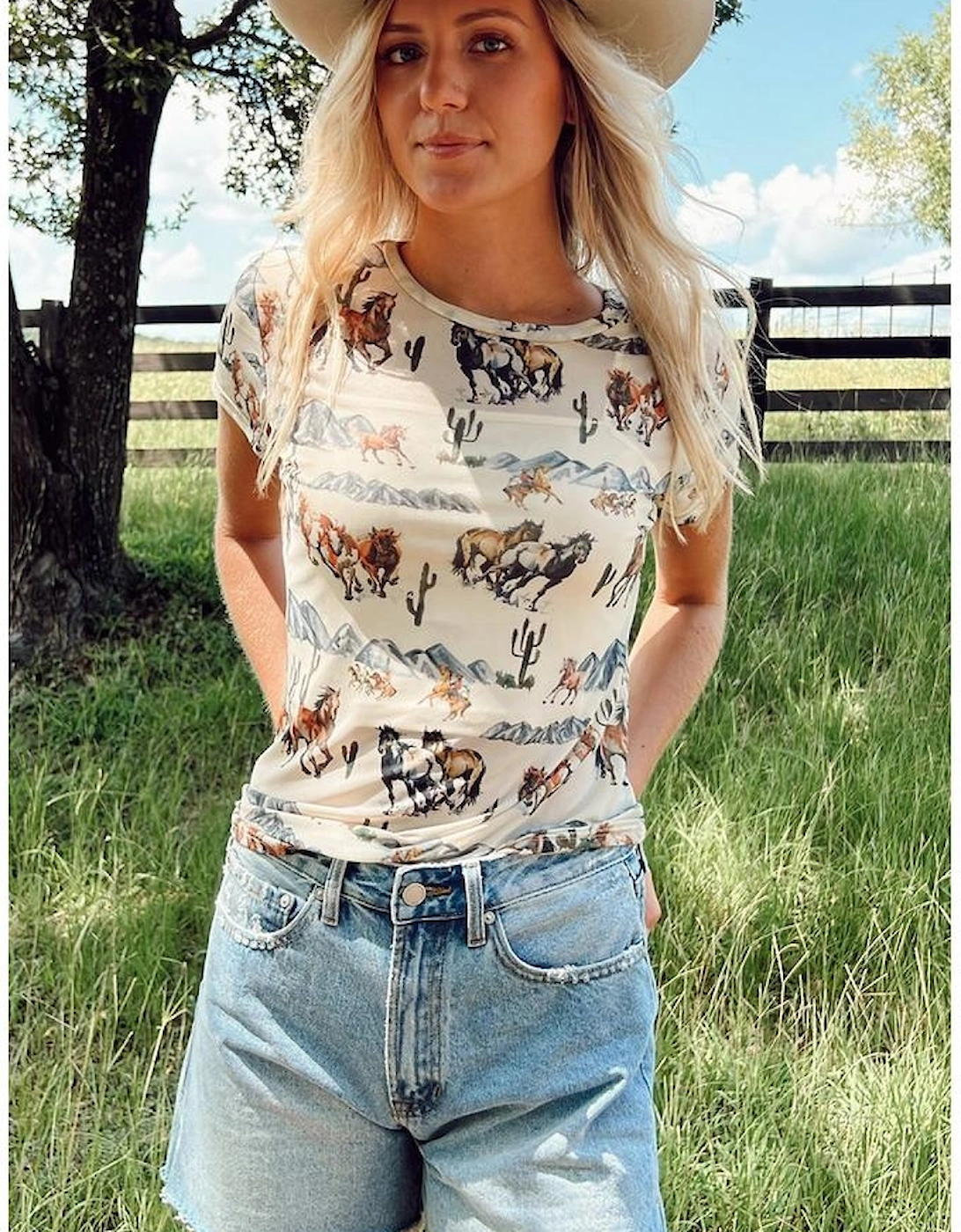 Beige Western Fashion Mustang River Printed Mesh T Shirt