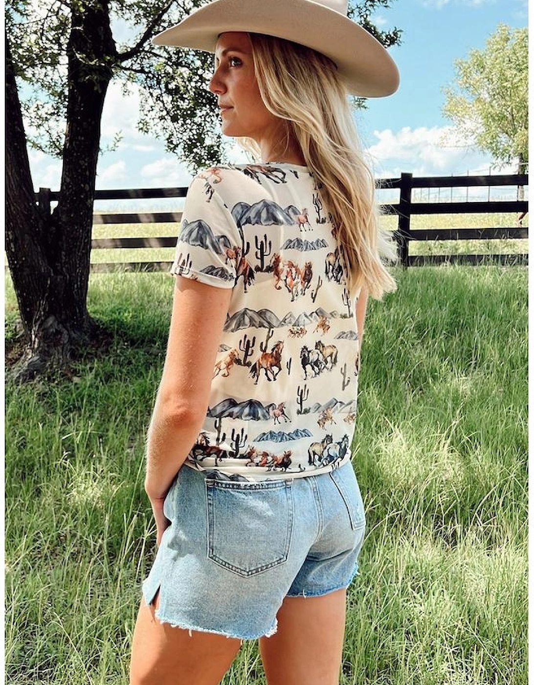 Beige Western Fashion Mustang River Printed Mesh T Shirt