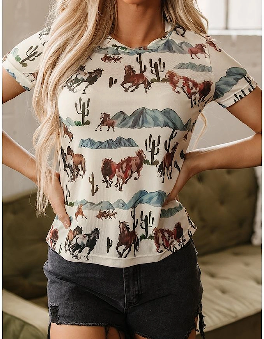 Beige Western Fashion Mustang River Printed Mesh T Shirt