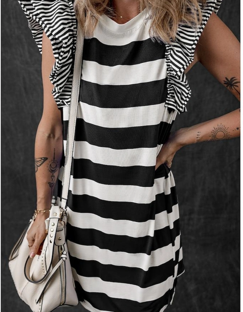 Black Stripe Contrast Ruffled Sleeve T-shirt Dress