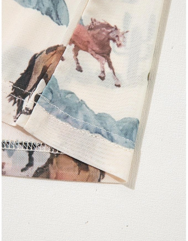 Beige Western Fashion Mustang River Printed Mesh T Shirt