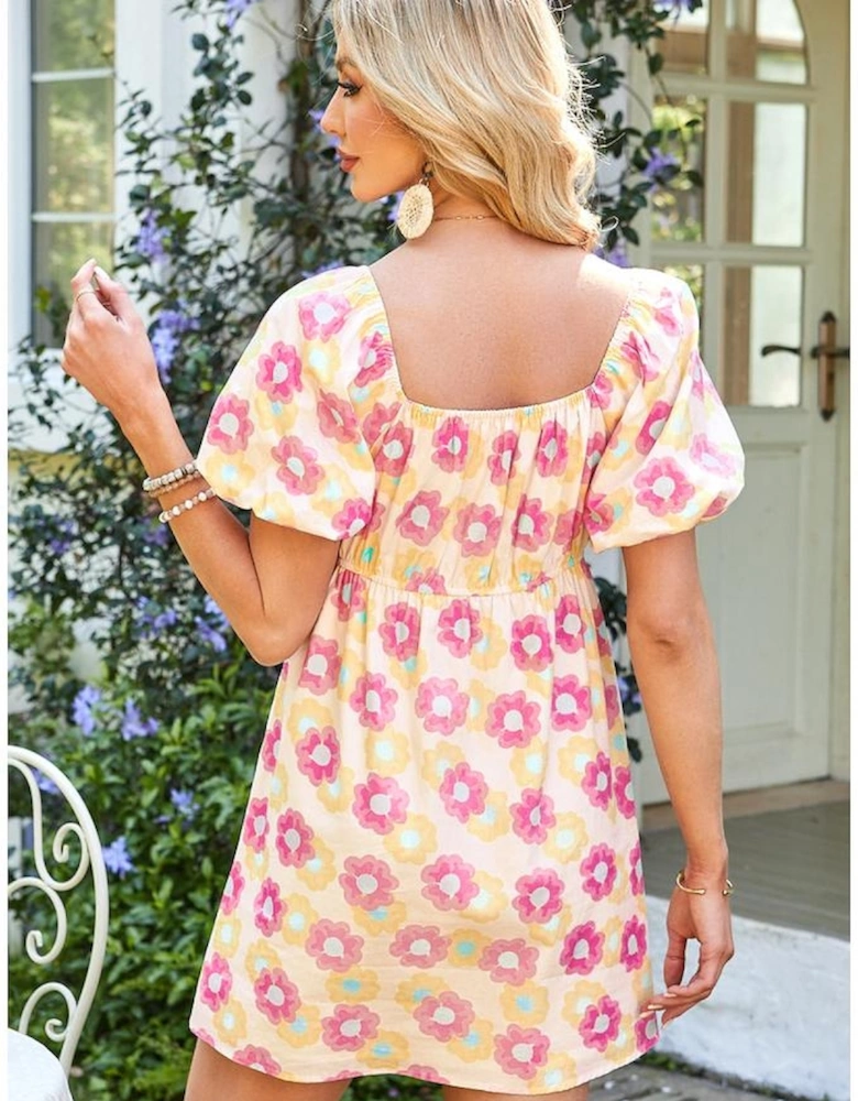 Rose Vibrant Floral Square Neck Puff Sleeve Pleated Flared Midi Dress