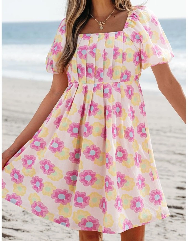 Rose Vibrant Floral Square Neck Puff Sleeve Pleated Flared Midi Dress