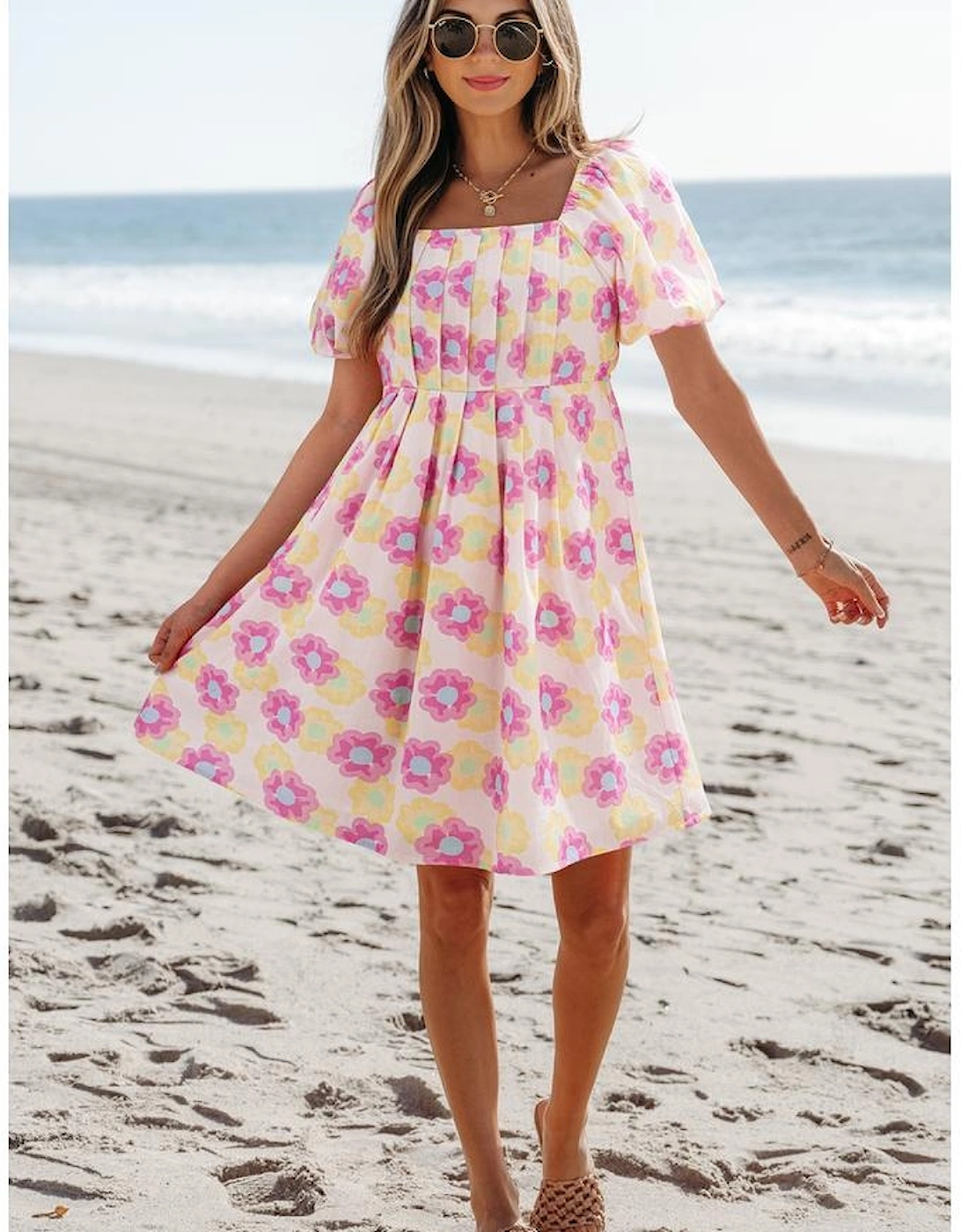 Rose Vibrant Floral Square Neck Puff Sleeve Pleated Flared Midi Dress