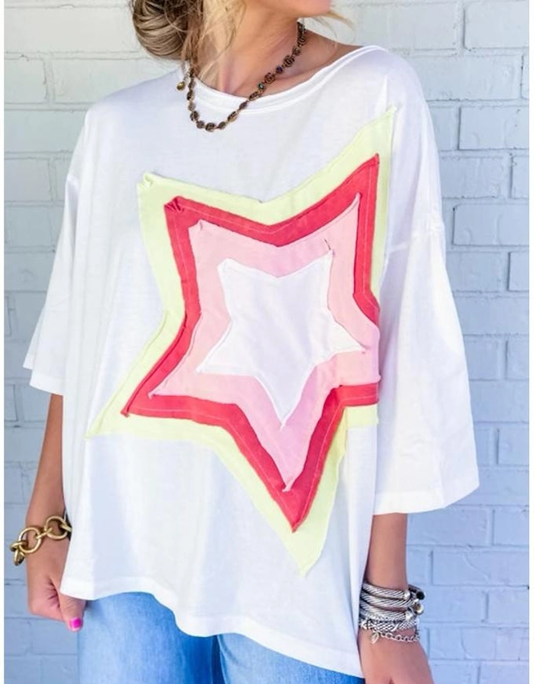 White Colorblock Star Patched Half Sleeve Oversized Tee, 5 of 4