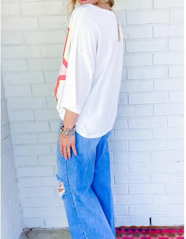 White Colorblock Star Patched Half Sleeve Oversized Tee