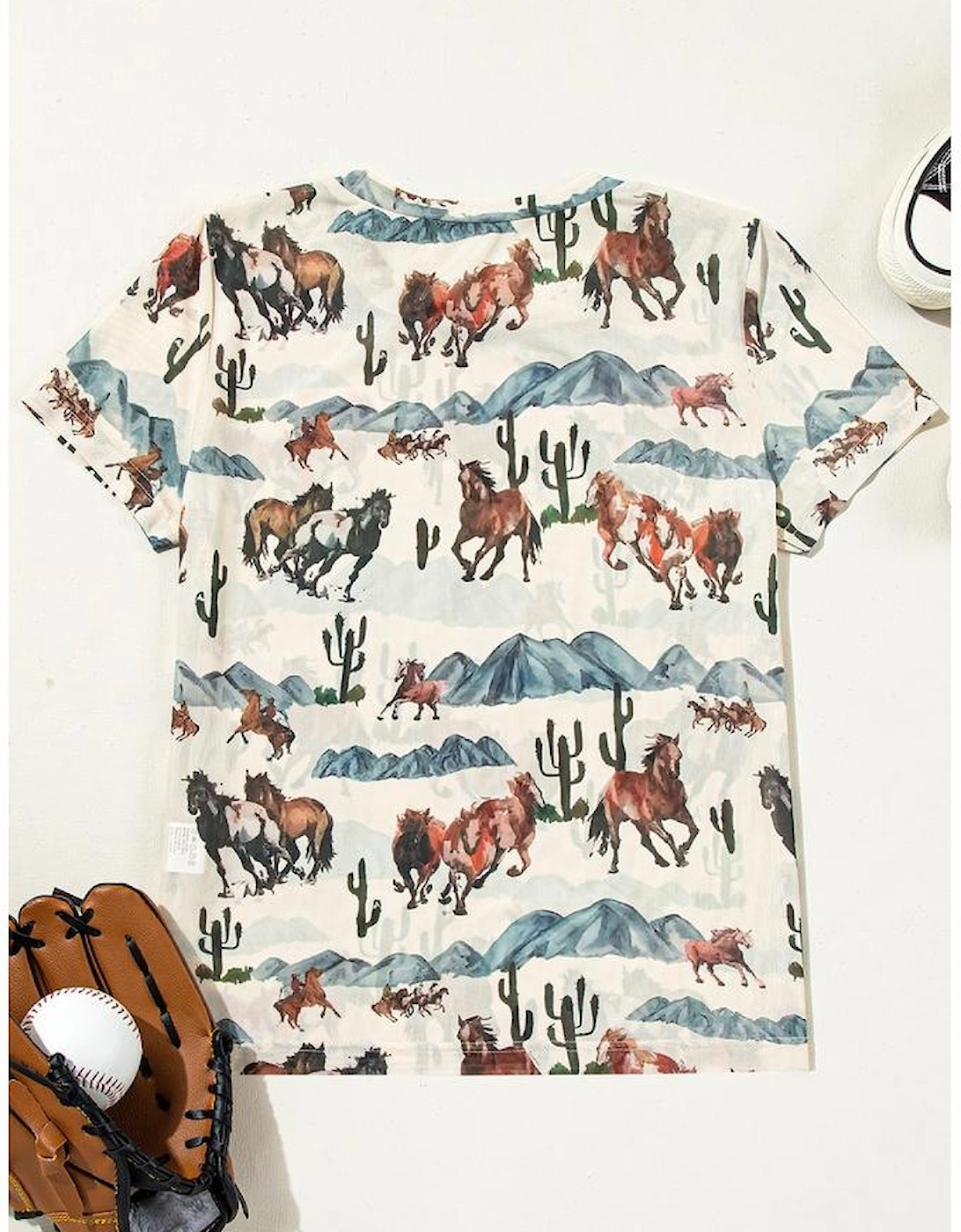 Beige Western Fashion Mustang River Printed Mesh T Shirt