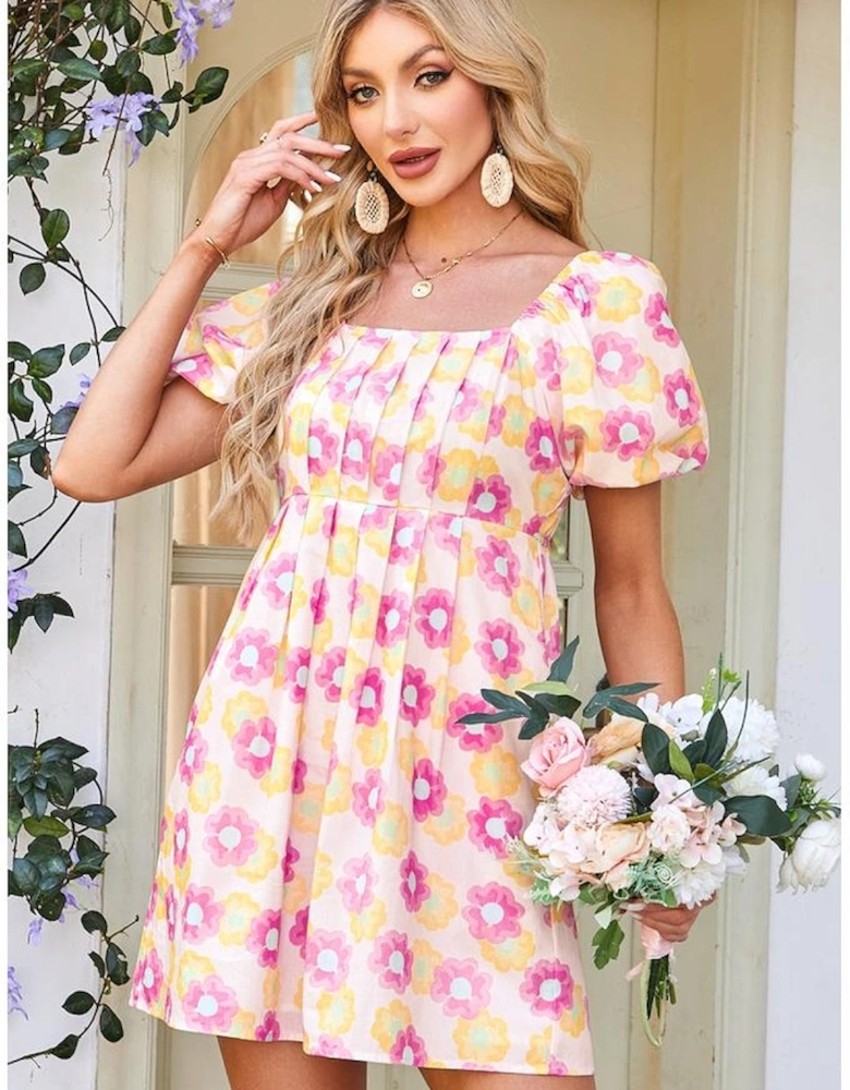 Rose Vibrant Floral Square Neck Puff Sleeve Pleated Flared Midi Dress