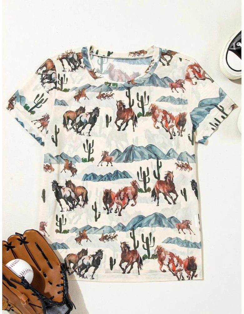 Beige Western Fashion Mustang River Printed Mesh T Shirt