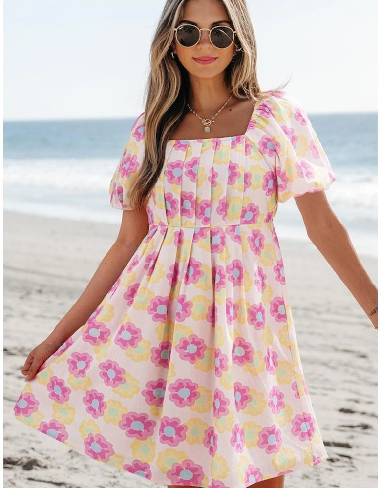 Rose Vibrant Floral Square Neck Puff Sleeve Pleated Flared Midi Dress