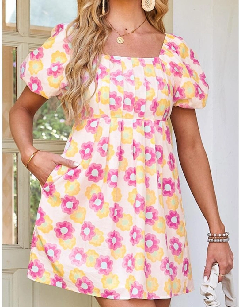Rose Vibrant Floral Square Neck Puff Sleeve Pleated Flared Midi Dress