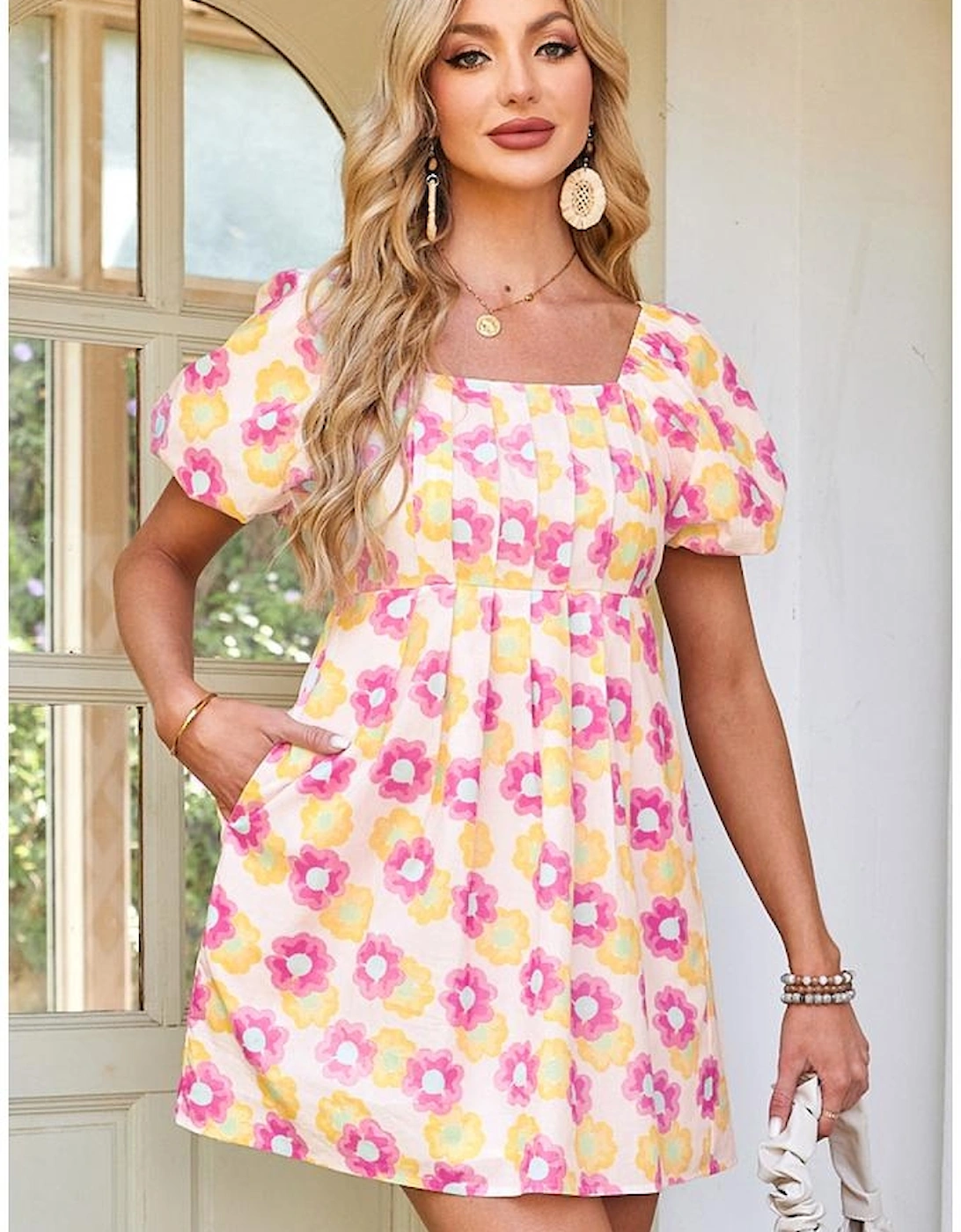 Rose Vibrant Floral Square Neck Puff Sleeve Pleated Flared Midi Dress
