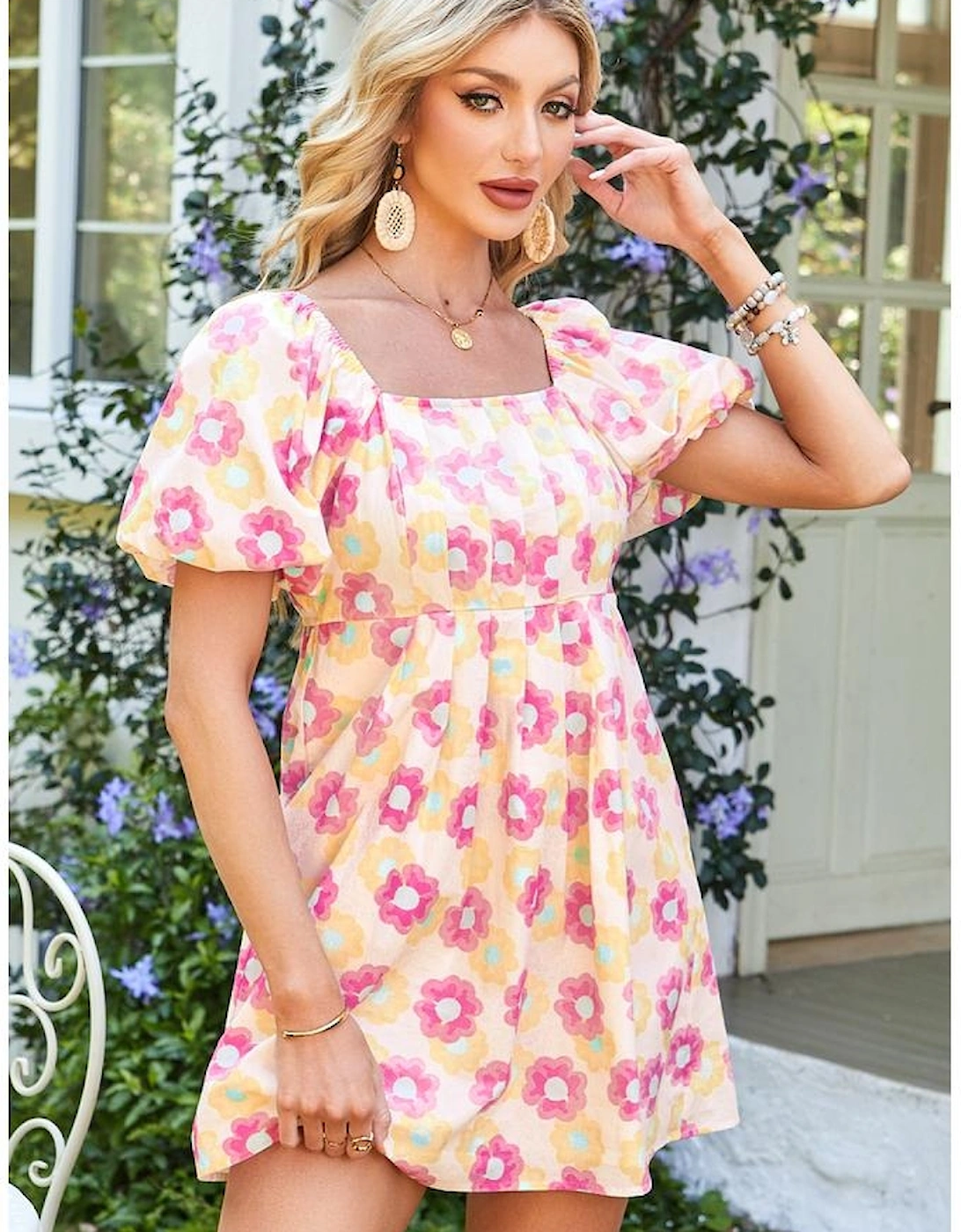 Rose Vibrant Floral Square Neck Puff Sleeve Pleated Flared Midi Dress