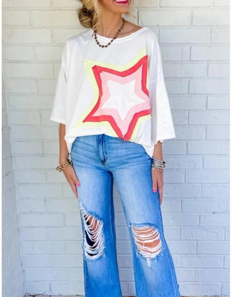 White Colorblock Star Patched Half Sleeve Oversized Tee